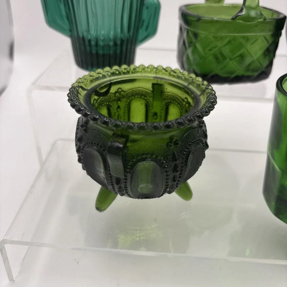 Vtg~Lot of 5~Green Glass Small Toothpick Holders/Decorative Baskets
